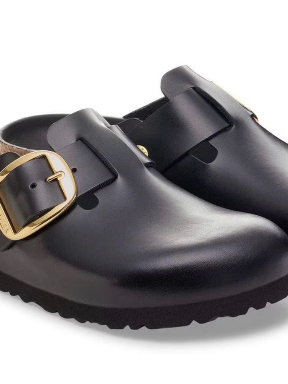 ISO####******BIRKENSTOCK Black Leather Slip-On Clog with Gold Buckle